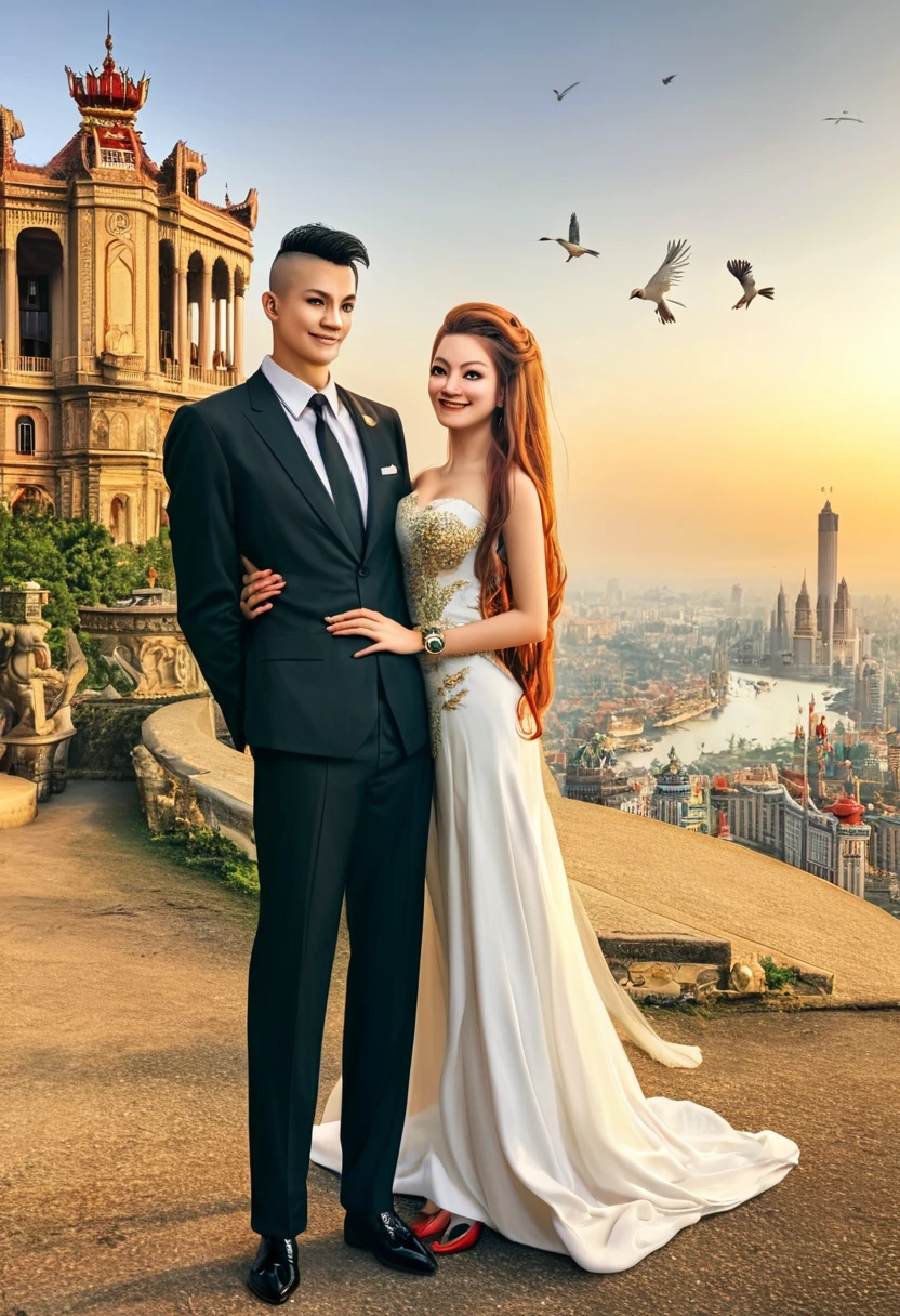 Make me a picture, ada seorang laki-laki realistik berusia 30 tahun From Indonesia, height 150 cm, clean face, thin hair, Mohawk, big nose, narrow eyes like Chinese people, memakai baju pendek berwarna red, wear a watch, berwarna black,long pants, black, wearing Vans shoes, red, smile, Beside him was a beautiful woman with long hair, From Indonesia, big nose, fair skin, more ideal, wearing royal queen clothes, wear sexy clothes, green color, she is a queen of the kingdom,while hugging the man,Background,Beautiful scenery,flying bird,nice pictures,Expensive.