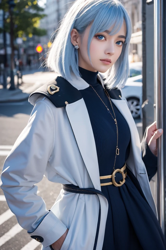 White military uniform, light blue hair, yellow eyes, bob, female