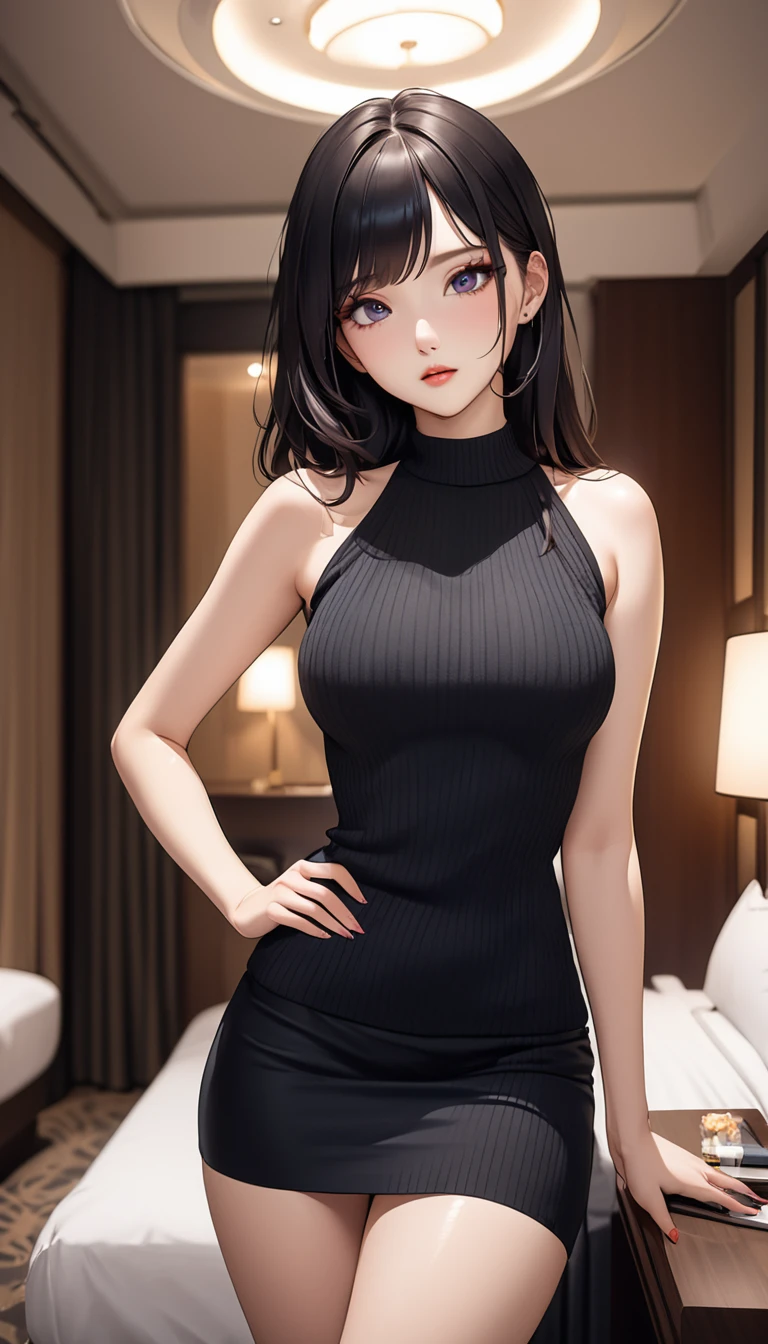 masterpiece, high resolution, beautiful woman, Korean Beauty, 30 years old, black sleeve less sweater, mini pencil skirt, beautiful woman, night hotel, standing and looking at me, high resolution face, (high resolution eyes), black hair, little curvy
