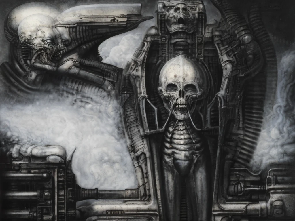 The image is a detailed view of H.R. Giger's biomechanical tableau \" Landscape XVI \" plate, featuring.
(airbrush painting, Giger's alien in front of broken alien ship in landscape, natural light, sharp focus, illustration, highly detailed, digital painting, concept art, matte, art by gric and kozhanov and moebius and Alphonse Mucha, masterpiece, HDR ,UHD , uplight, in HRGigerArhP style);1.
surrealistic painting of a monster with multiple tentacles and a body that looks like a brain, surrounded by a chaotic scene of swirling clouds and other monsters
 It's a complex network of bones and organs in eldritch color scheme:a greenish-brown hue ,swirling gery and brown colors. The artwork is silverish and green brown, with an ivory bones prominently displayed. The image is highly detailed and intricate, almost like a 3d version of a medical sketchwork.   
The piece is a tableau, most likely created with a India ink pen or pencil on paper, determined by the thin lines, shading techniques, and the texture of the paper, which is visible around the edges.
Used is pen, given the shading and variations in line weight visible in the image. Artist have used a variety of stylus with different degrees of hardness to achieve the shading effects.
 The use of undersaturated green-grays dark contrasts creates a stark and graphic look. Is used a variety of linework techniques to create different textures. Fine, parallel lines create a smooth, metallic texture,while thicker, more cursive lines suggest cables or wires.
Light source from the top highlights skeletals, pper part of foreground, lower part of image is in shadowupper part of foreground, lower part of image is in shadow.
The art performance showcases the artist’s skills in observation and rendering. The level of detail in the piece suggests a close study of real bone specimens and mechanics. The artist has skillfully used shading techniques to create a convincing illusion of three-dimensionality on a flat surface. The wrinkles 