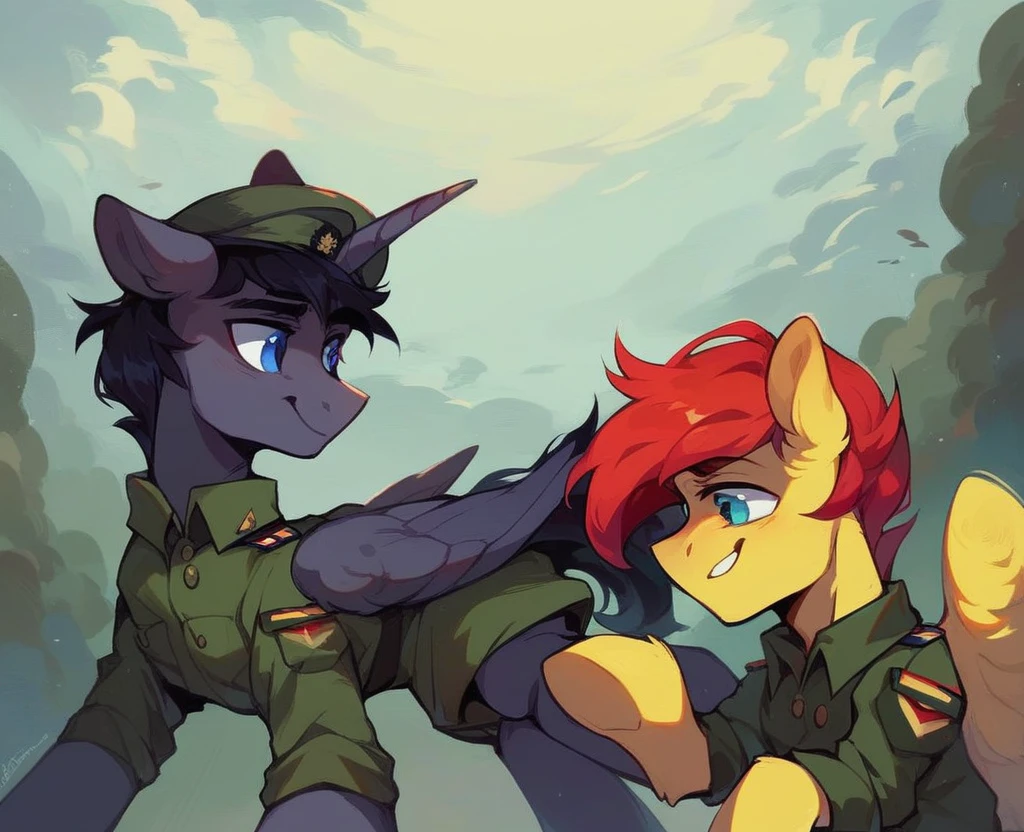 Two subjects; Male alicorn pony with black fur and red hair and blue eyes and red feathers on wings, male pegasus pony with yellow fur and black hair and blue eyes, legs around each other, wartime photo, vietnam-era army uniforms, smiling, wide-angle shot