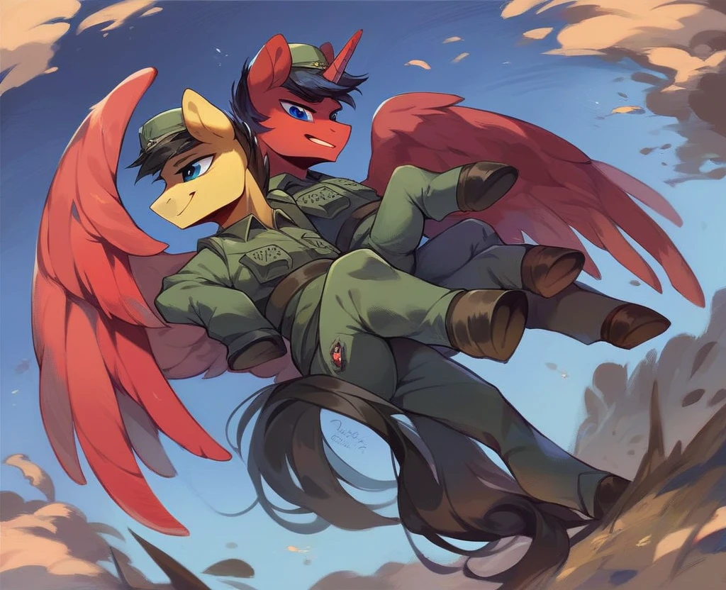 Two subjects; Male alicorn pony with black fur and red hair and blue eyes and red feathers on wings, male pegasus pony with yellow fur and black hair and blue eyes, legs around each other, wartime photo, vietnam-era army uniforms, smiling, wide-angle shot
