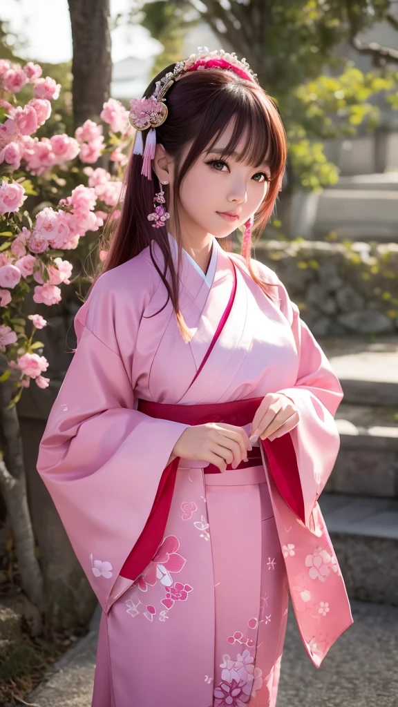 Beautiful girl, Yaemiko, wearing Japanese clothes, hair ornaments, pink clothes, detailed, HD, realistic graphics