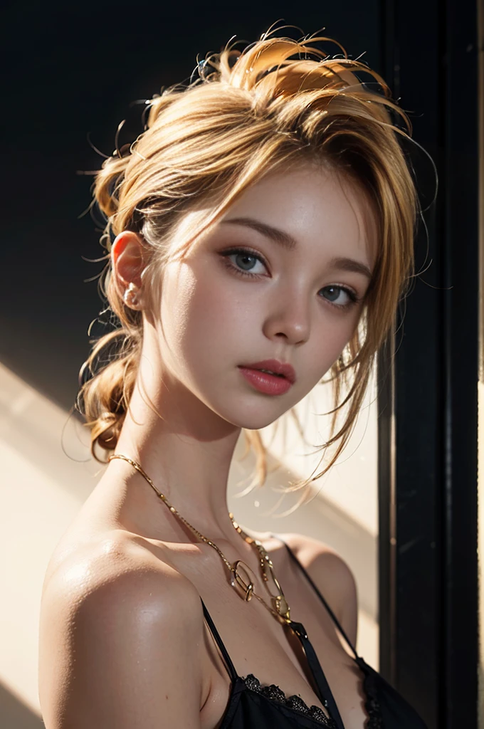 Female, 20 years old, blonde hair (high top fade:1.3), dark theme, relaxing tones. Muted colors, high contrast (natural skin, hyperrealism, soft light, sharpness), glass in hand