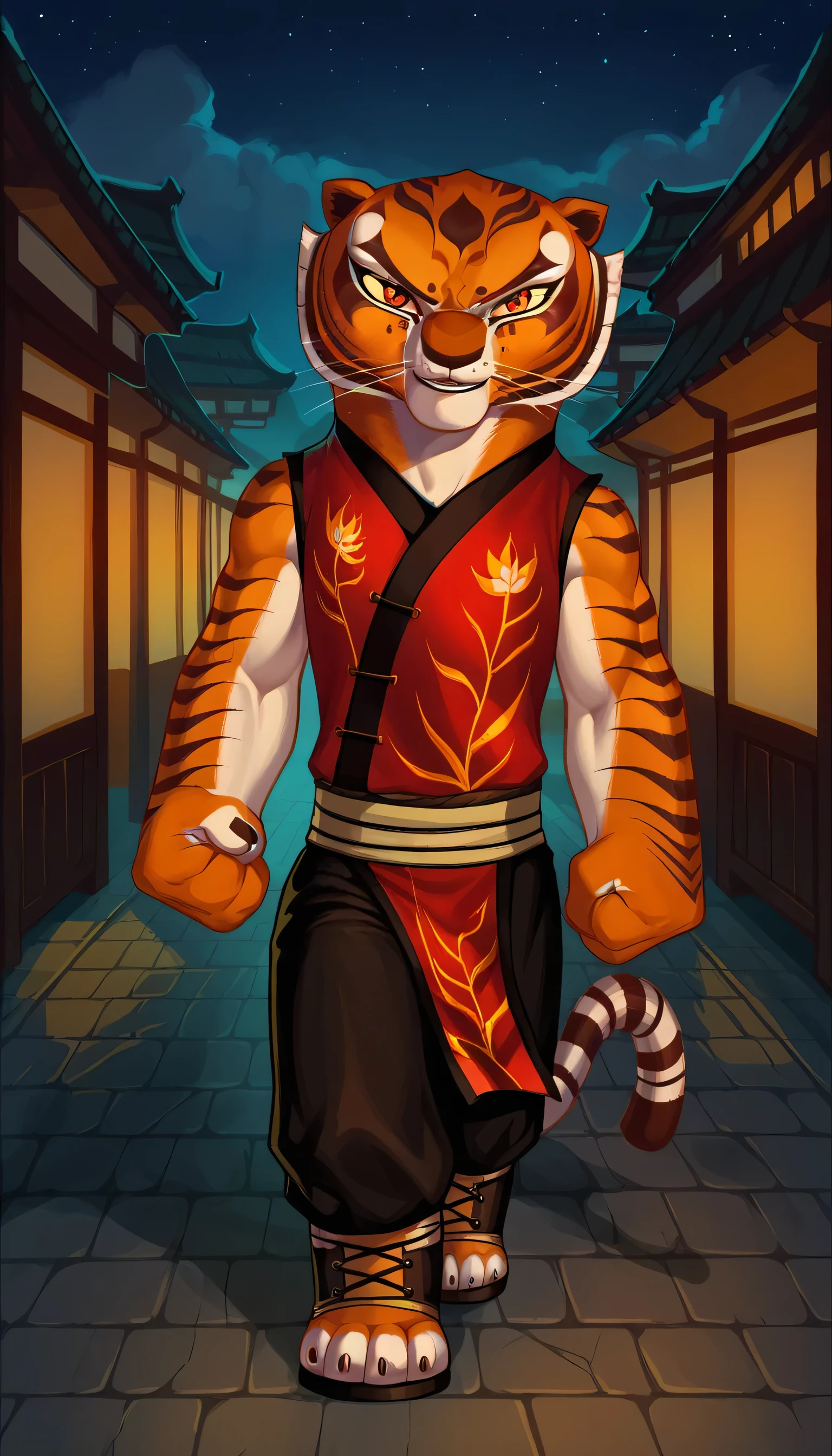 score_9, score_8_up, score_8, 1girl, master tigress, Kung Fu Panda, solo, tail, looking at viewer, red qipao, black silk pants, black boots,
standing, on a street in China, night, in an attack pose
