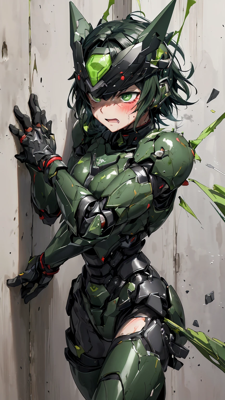 , Advanced Details, high quality, 最high quality, High resolution, 1080P 、Bleeding from the wound、Sexy Eyes、Wearing green and black、cute((The whole body is sweating))(Equipped with a damaged battle suit....)(Dark green armor)(Broken Armor)Black Hair、Chiquita、short hair、Open your mouth、A blank and painful expression、It hurts again、woman　defeat　(Steam coming out of the face) ((Steam from the body)) 　Unable to fight　Severe attacks　((I was thrown against the wall、Headgear broke.　)) Flying debris　bare hands　Armor Stripping　(My whole body explodes) centering　Unable to fight