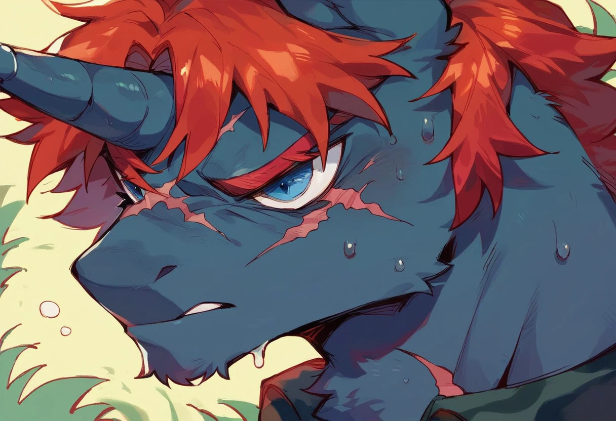 Male alicorn pony, black fur, long red hair, deep blue eyes, red feathers on wings, scar over left eye, red striping, vietnam-era army uniform, boonie hat, in a swamp, sweating, close-up portrait
