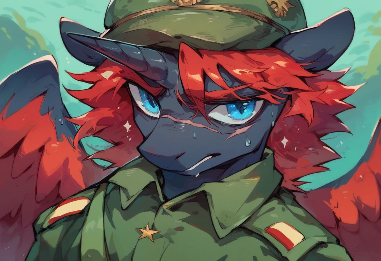 Male alicorn pony, black fur, long red hair, deep blue eyes, red feathers on wings, scar over left eye, red striping, vietnam-era army uniform, boonie hat, in a swamp, sweating, close-up portrait 