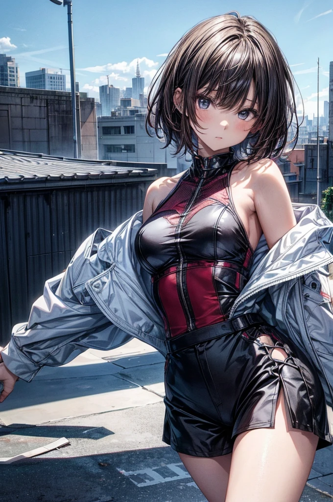 anime moe art style,Best Anime 8K Konachan Wallpapers,Badass Anime 8K,Perfect Anatomy, (Please draw a picture of a girl looking down on the city from the rooftop.....)From diagonally above,overhead angle,BREAK, 1 The girl is a dancer, (Solo,Lori,child,13years:1.3), Androgynous attraction, (Very short hair, Blunt bangs), Full limbs, complete fingers,flat chest, Small butt, groin, Beautiful black eyes in detailed 8K, ,off shoulder half jacket,Bare arms,Obi,Short shorts, standing on the roof of a skyscrapper. BREAK, i have a mission.。Sasasasa...。Ultra-detailed,High resolution,super detailed skin, Professional Lighting, Illustration,