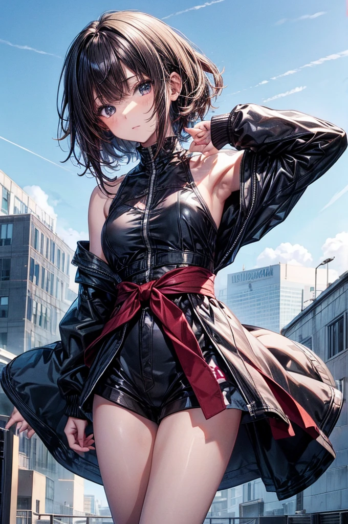 anime moe art style,Best Anime 8K Konachan Wallpapers,Badass Anime 8K,Perfect Anatomy, (Please draw a picture of a girl looking down on the city from the rooftop.....)From diagonally above,overhead angle,BREAK, 1 The girl is a dancer, (Solo,Lori,child,13years:1.3), Androgynous attraction, (Very short hair, Blunt bangs), Full limbs, complete fingers,flat chest, Small butt, groin, Beautiful black eyes in detailed 8K, ,off shoulder half jacket,Bare arms,Obi,Short shorts, standing on the roof of a skyscrapper. BREAK, i have a mission.。Sasasasa...。Ultra-detailed,High resolution,super detailed skin, Professional Lighting, Illustration,