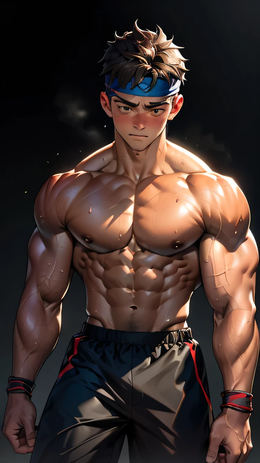 (Masterpiece, Best quality  boy, black background, standing, ((shoot from front)), looking away), ((((solo, get knocked out, sweat, swoon, defeat, damage, groggy, orgasm face)))), Young, boy, muscler, Shirtless, (Dark Short straight hair, almost completely shaved hair, under cut, brown eyes), (red headband), ((hot Abs:1.2, big breast:1.2, upper arms, jacked muscle, beautiful musculature, aesthetic striations, inspirational physique, lean muscle, square pecs, beautiful v-taper, great abs and torso), Vivid colors, detailed face, detailed muscle, (rippling muscles, buttle)