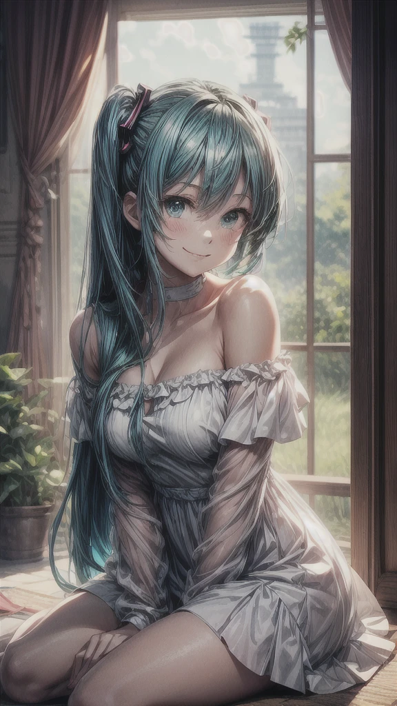 A Makoto Shinkai-esque setting with a mysterious natural backdrop。
While sitting。
Wearing a white dress。
Off-the-shoulder dress。
Smiling and looking upwards。
Hatsune Miku from the front。
Long hair, soft painting style。