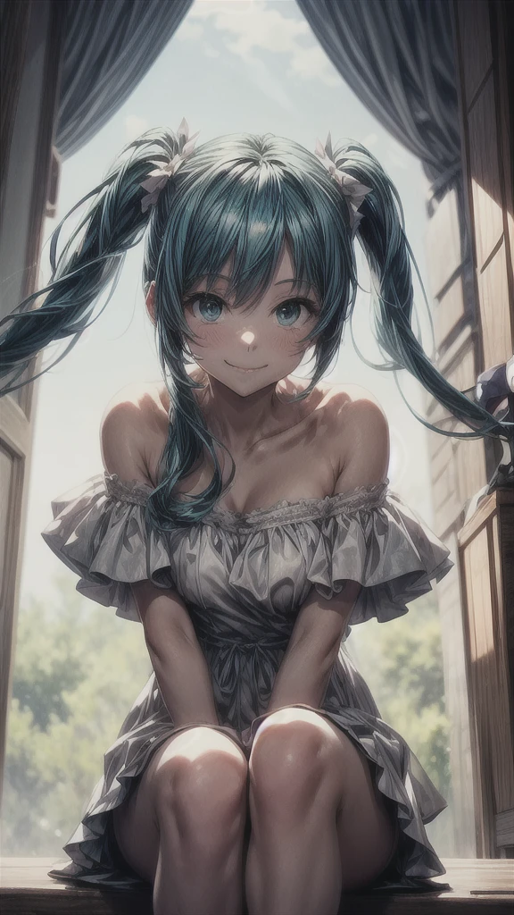 A Makoto Shinkai-esque setting with a mysterious natural backdrop。
While sitting。
Wearing a white dress。
Off-the-shoulder dress。
Smiling and looking upwards。
Hatsune Miku from the front。
Long hair, soft painting style。