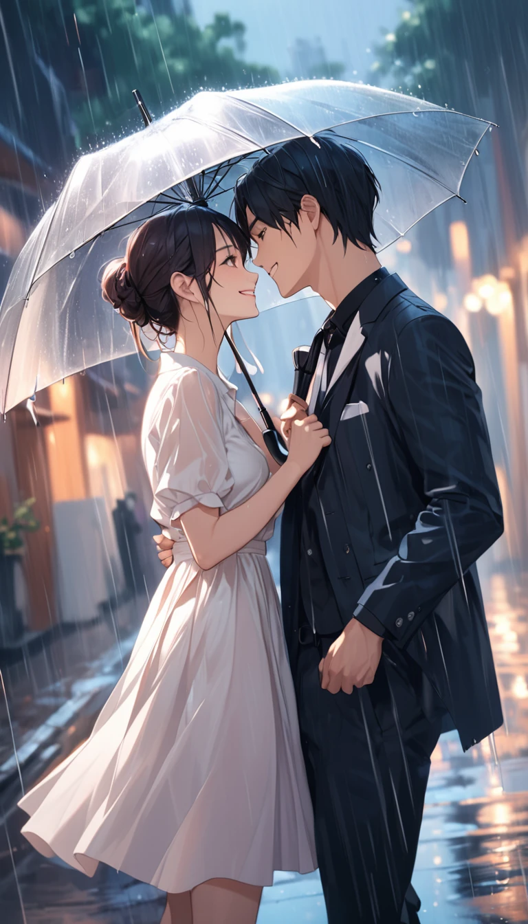 A couple holding umbrellas, smiling at each other under the rain.