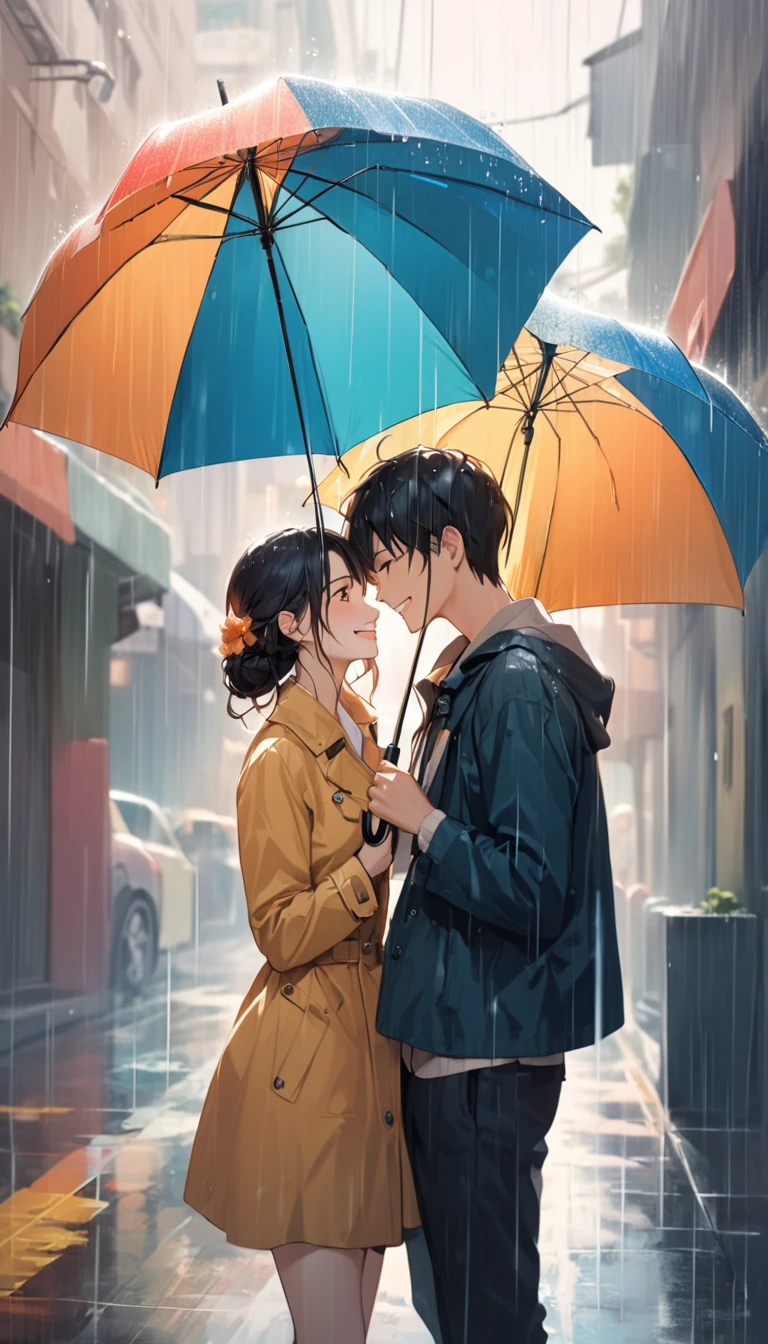 A couple holding umbrellas, smiling at each other under the rain.