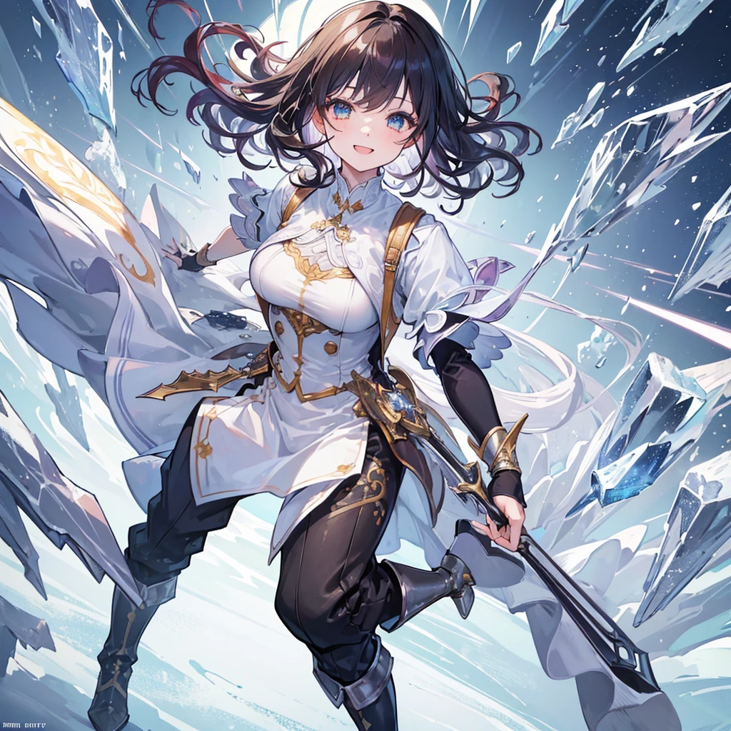 (((Masterpiece, highest quality, high definition, high detail)))), 1 girl, Freckles, Big smile, happy, Medium curly  brown hair, vest, pants, Sharp white crystal Gauntlets, Sharp white crystal boots, colored hair stripe