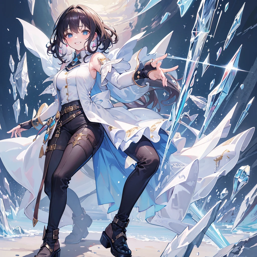 (((Masterpiece, highest quality, high definition, high detail)))), 1 girl, Freckles, Big smile, happy, Medium curly brown hair, vest, pants, Sharp white crystal Gauntlets, Sharp white crystal boots, colored hair stripe