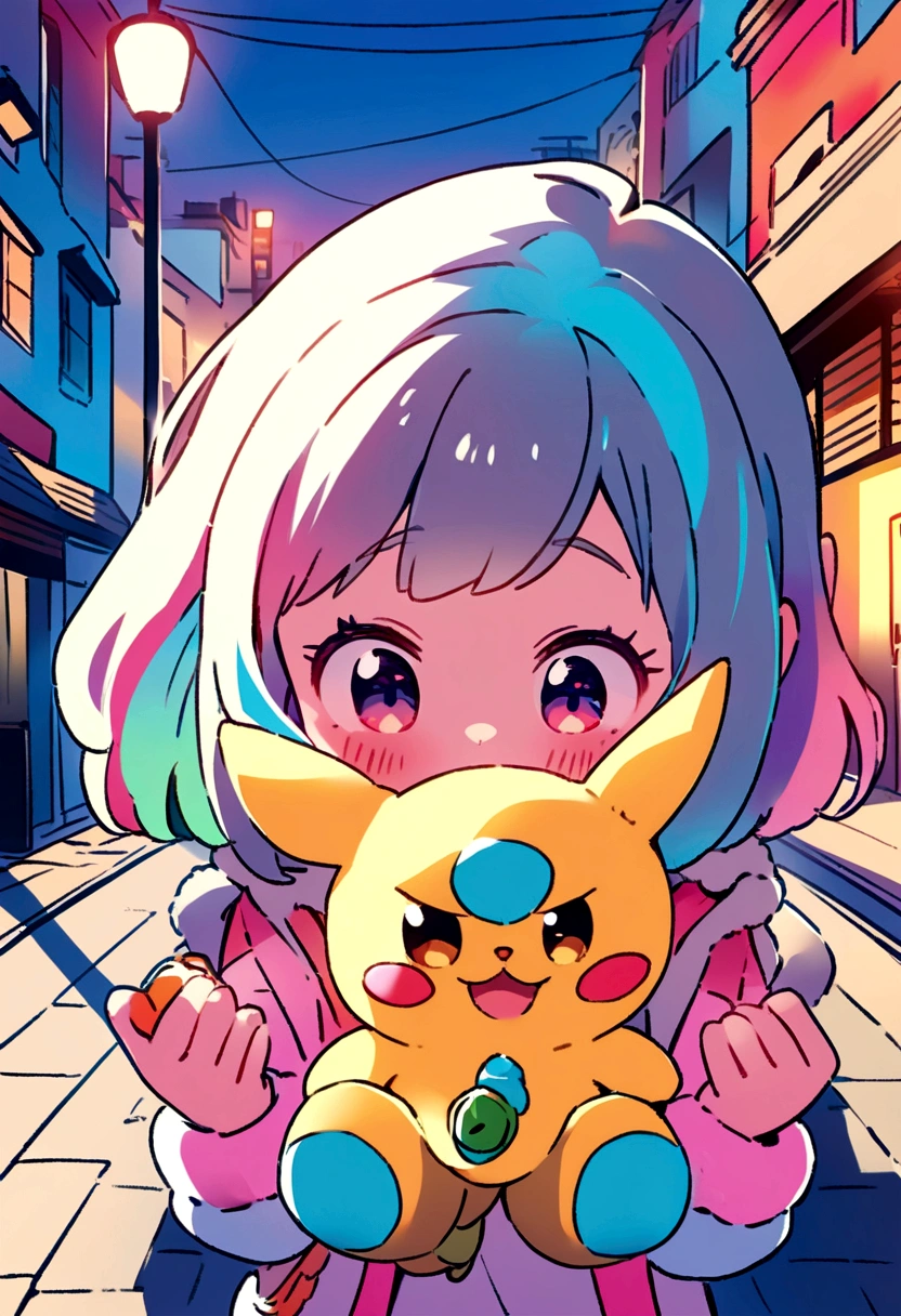 funny,ridiculous,(playful),toy,illustration,high resolution,vivid colors,soft lighting, Cute girl on the street with Pokemon