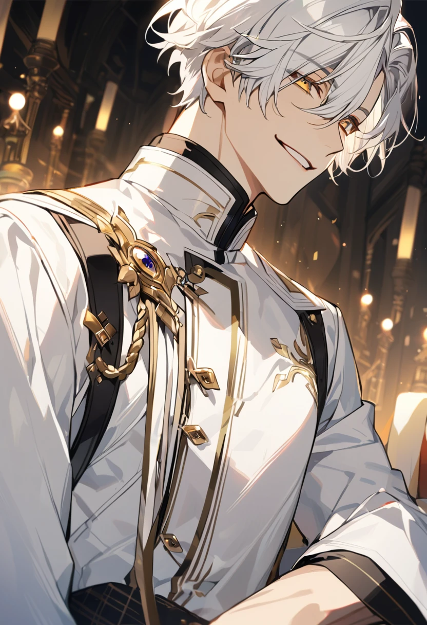 Handsome, solo, 1 male, short hair, gold eyes, white hair, white clothes, smile facial