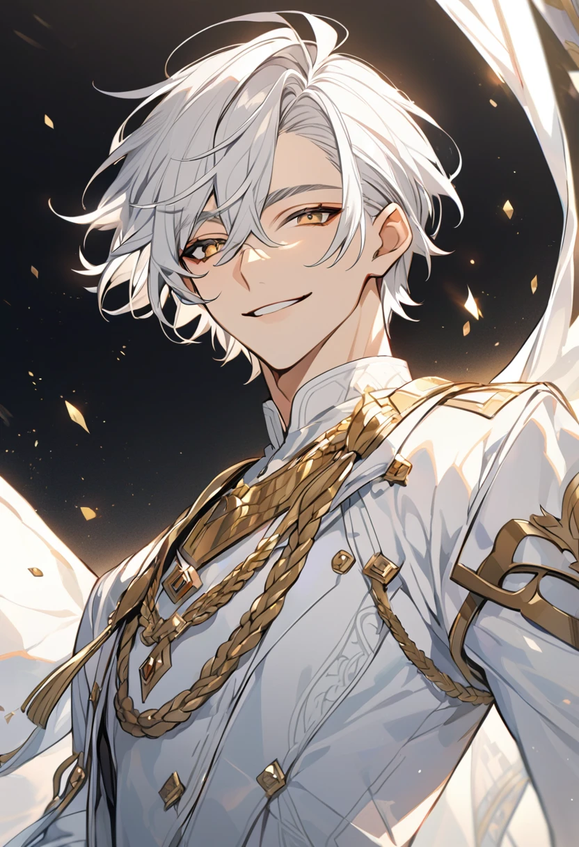 Handsome, solo, 1 male, short hair, gold eyes, white hair, white clothes, smile facial