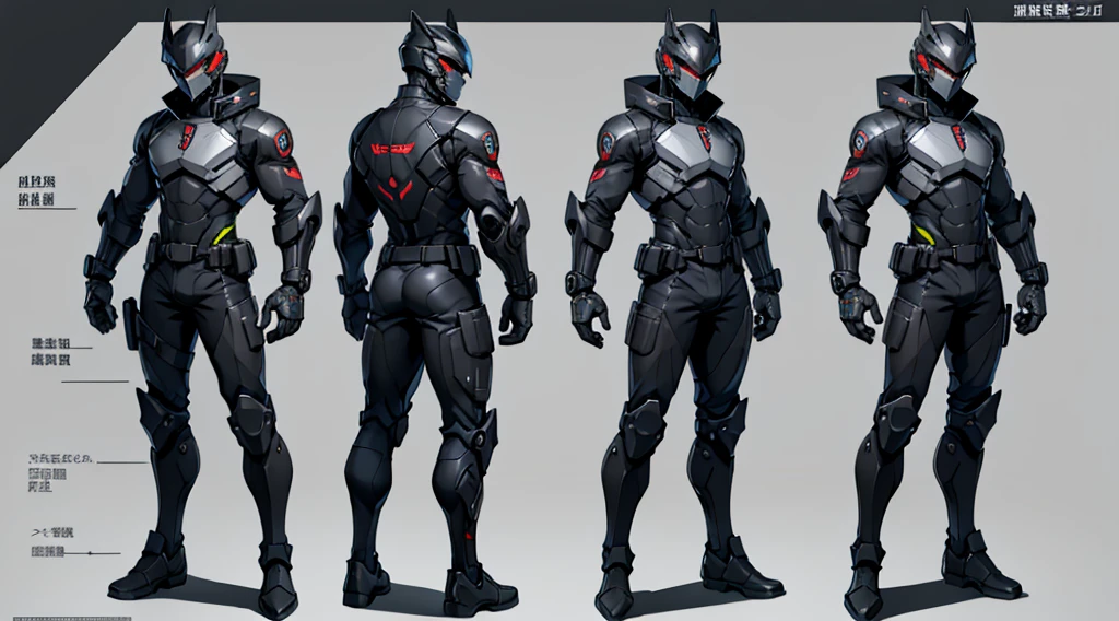 Character design sheet、male、Black combat uniform、Body Armor、Powered Suit、Full Face Helmets、cyber punk
