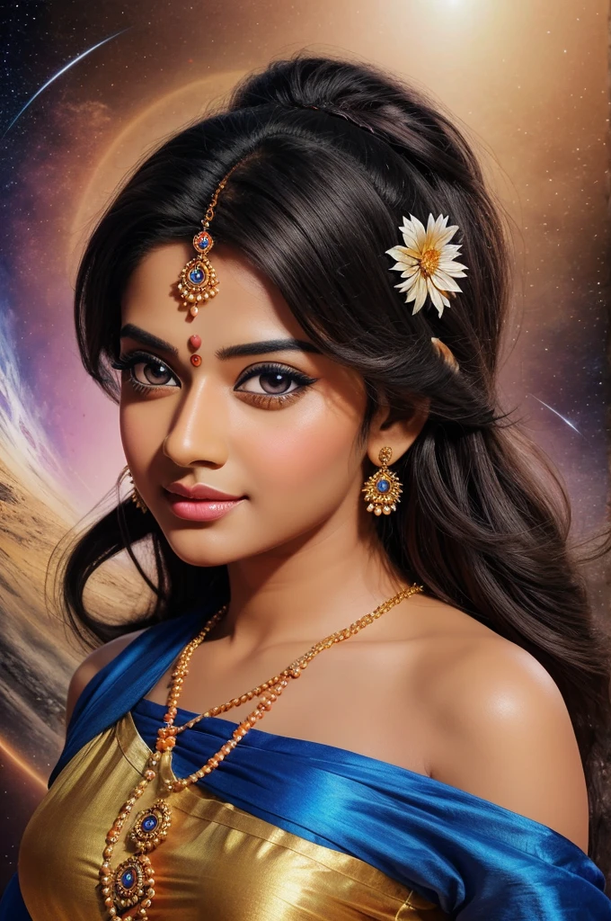 Generate most hyper realistic drawing of shree Krishna that is full of energy so that each viewer get fulfilled with energy . The background should be universe and you can generate large beautiful and calm eyes in background with contrast to universe and shree krishna half body showing till bottom .