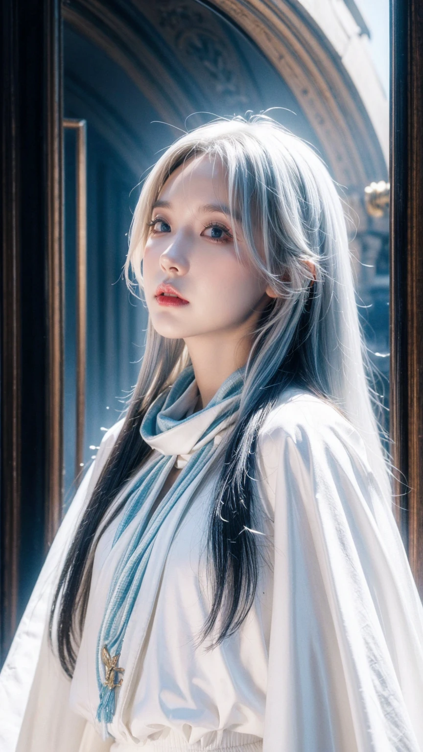 best quality, (Wide-angle lens), CGS Association, 8K, Surreal, masterpiece, Children Dark Elf, White hair, blue eyes, White clothes, Black scarf, look up, Upper Body, A lock of hair, Dark Skin, Straight hair and scattering