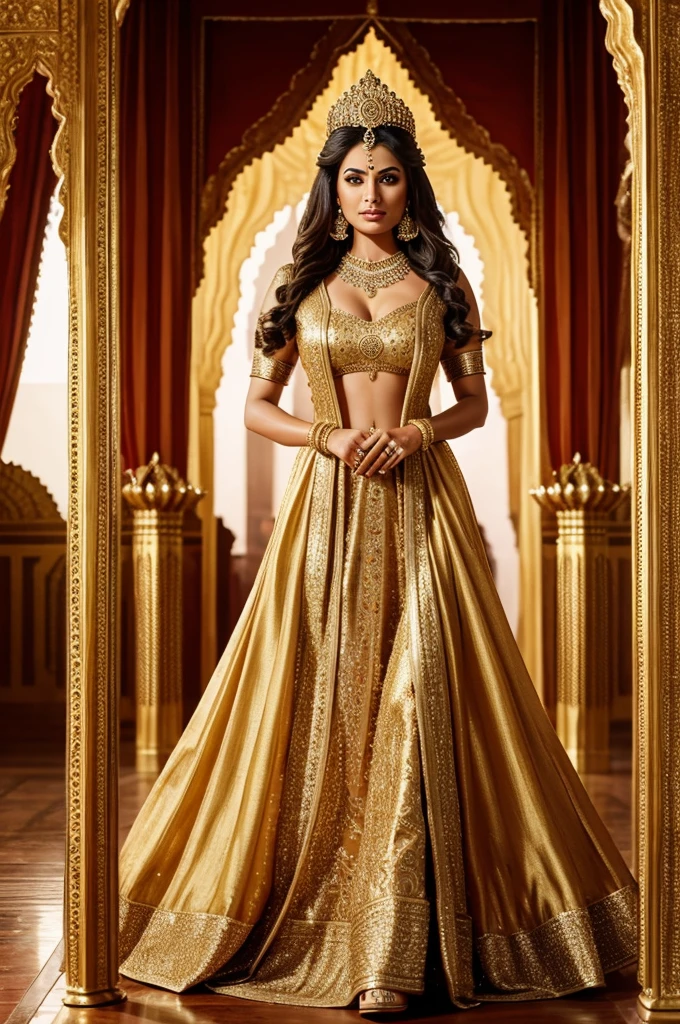 Powerful woman, royal, indian history, elegance, power, beauty , hd, high quality, good anatomy, long view, full dress, court, realistic, full heavy ornaments, gold or long heavy princess gown with sparkles, fierce look, full on realism, vintage filter, flowy princess long gown indian, mughal empire, dhuppatta, tall, full makeup, warm gold outfit, contrast