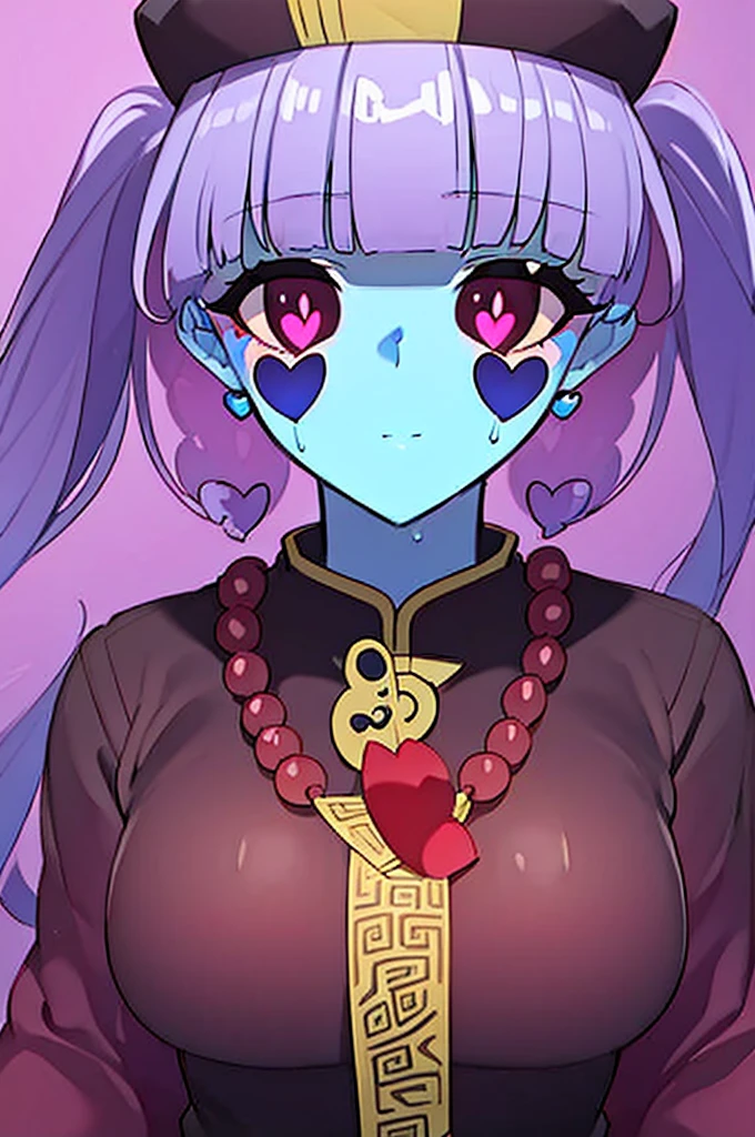 Apparition，Jiangshi，Light blue skin，Magenta pupils，Black eyes，Hearts under the eyes，talisman，Jiangshi帽子，Heart Beads，Twin tails