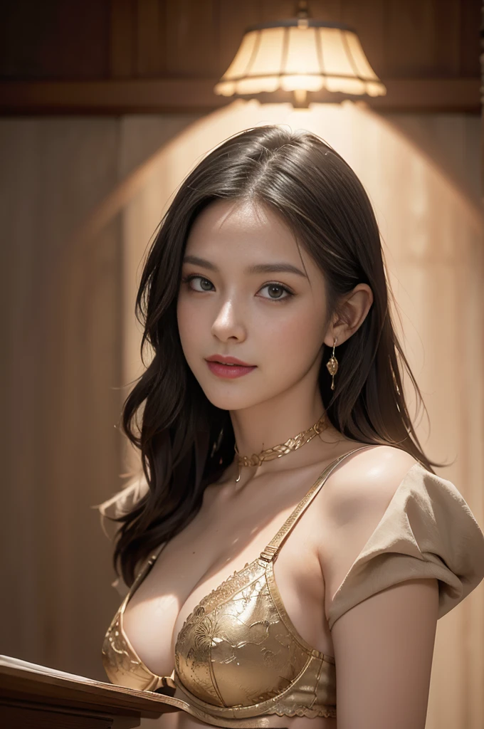 (Bra is visible:1.1), Full body image, Highest quality,masterpiece,masterpiece portrait,Intricate details,Magnificent Light,Fantasy,Dungeons & dragon,Retro,priest,Dark Elf,One girl,Wooden table,Shoulder strap,Black Skin,Elegant smile,squint,Close-up portrait of a Mycenaean Drow woman wearing gold jewelry, Spider:0.9, web:1.0, Fantasy, Volumetric lighting, コンセプトart, Brush Stroke Style, artステーション, trend, Very detailed, art:Greg Rutkowski