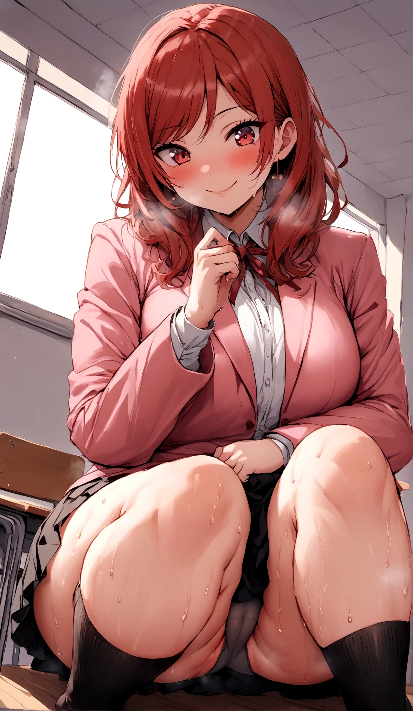 Maki Nishikino、lovelive 、share indirect write、One girl in a mini skirt, Sit with your legs wide apart、Looking down at the viewer, Plump thighs, Highest quality, Focus on the thighs, Spread your legs wide, smile, blazer, blouse, Grey panties、Black knee socks, classroom,,My thighs are steaming between the legs 、Sweaty knee socks、Show the soles of your feet、Sweaty feet