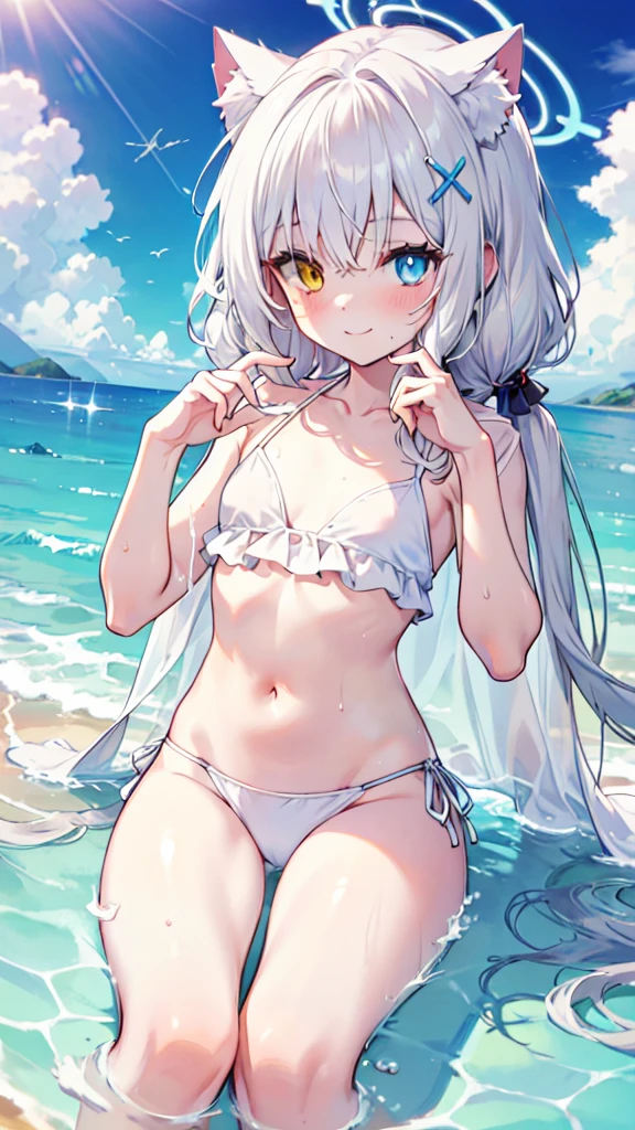 Bikini，White hair，Long hair，Cat ear，Heterochromia blue-yellow，Smile，Female face，There are bright spots in the eyes，Female hands，White little hands，Normal fingers，flat chest，Solitary，Summer，Lying on the sea，Blue Halo