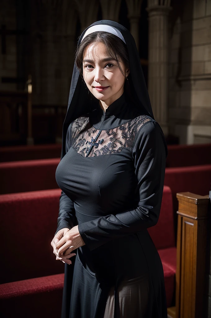 (masterpiece:1.4), (60-year-old woman:1.5), (Facial wrinkles : 1.2), Nasolabial folds, (smirking : 1.3), (seductive : 1.2),(sexy :1.1), (captivating eyes :1), pores, dull skin, skin blemishes, motherly mature woman, (long beautiful hair), enormous saggy breasts, (focus on breasts : 0.8), plump body, (dressed as a catholic nun), (black clothes), (partially see-through dress : 1.3), lace fabric, detailed backgrounds, (old church), (dim atmosphere), gloomy, rosary, cross, dark lighting