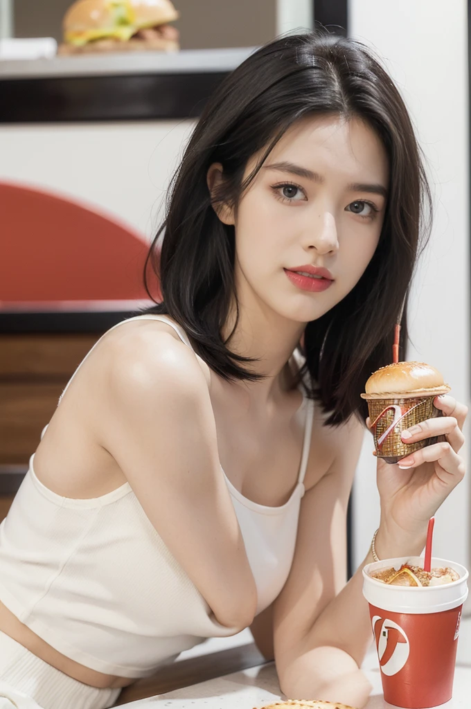 (((best quality))),(((ultra detailed))),(((masterpiece))),illustration,((1girl,solo)),(straight black bob hair:1.2),((slim,thin)),((small breasts,flat chest)),sitting,(in KFC:1.3), (burgers and drink on the table:1.2),((white strap tank top, white pants)), clean, fresh, bright face, sparkling eyes, rosy cheeks, beautiful smile, white teeth, neatly combed hair,sexiness,visible, natural, carefree,bustling restaurant, other customers, enjoying meals, chatting, bright lighting, warm atmosphere, joy, relaxation, cute appearance, carefree attitude, visually appealing, heartwarming,((upper body,from front))
