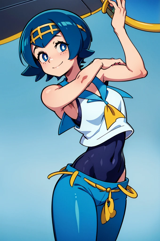 ((masterpiece,best quality)), absurdres, Lana_Pokemon, 1girl, solo, short blue hair, blue eyes, yellow hairband, white shirt, sleeveless, blue sailor collar, blue pants, bright pupils, swimsuit under clothes, solo, smiling, looking at viewer, cowboy shot, side view, cinematic composition, contrapposto,