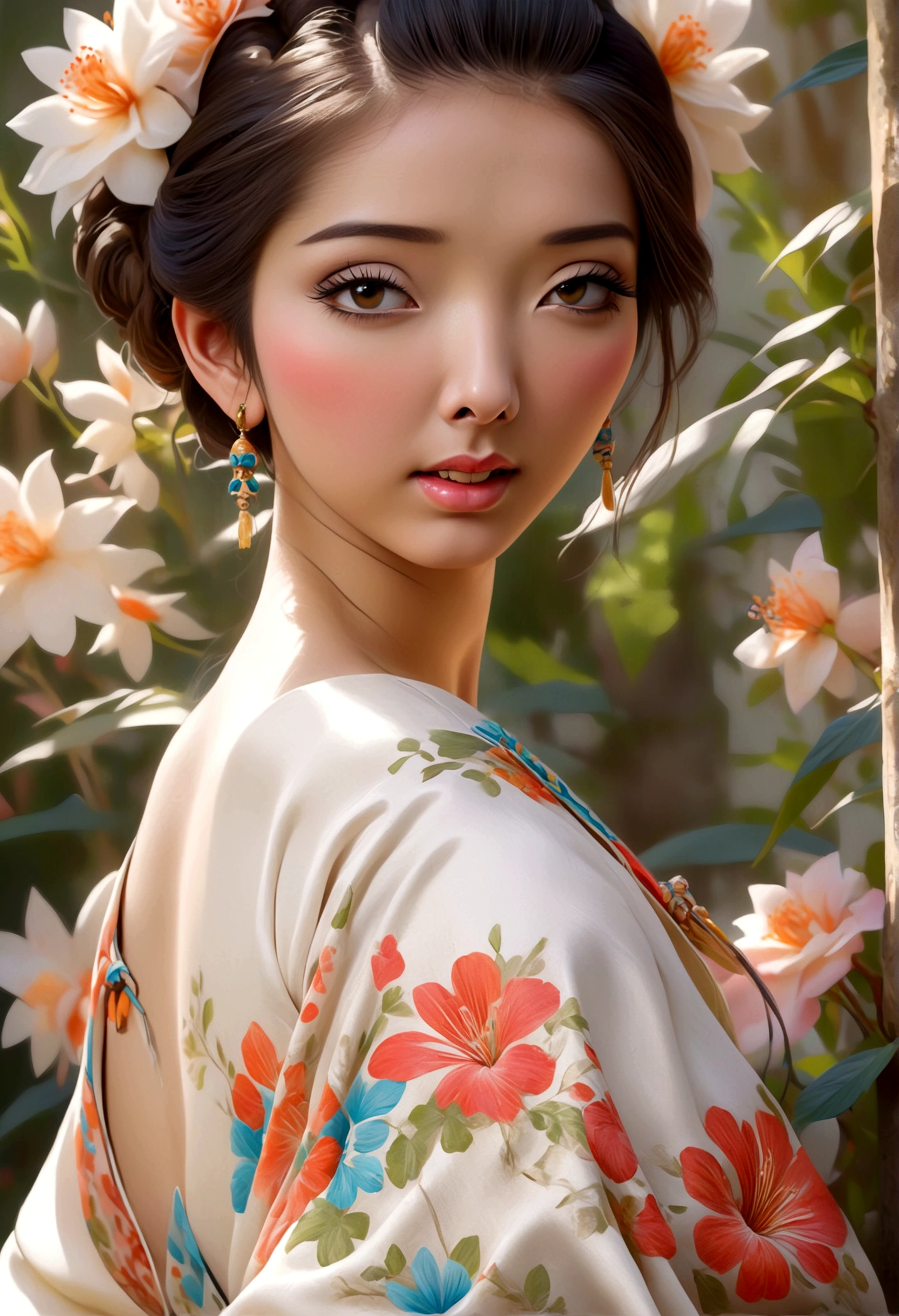 a cute woman, ornate asian dress, split up the thighs, powder white body make up, asian style face makeup, aloof, checking her flower garden, detailed eyes, detailed lips, extremely detailed face, long eyelashes, 1girl, digital illustration, oil painting, 8k, high quality, hyper detailed, photorealistic, studio lighting, physically based rendering, vivid colors, vibrant colors, elegant, refined, graceful, serene, tranquil, peaceful, portrait, asian inspired
