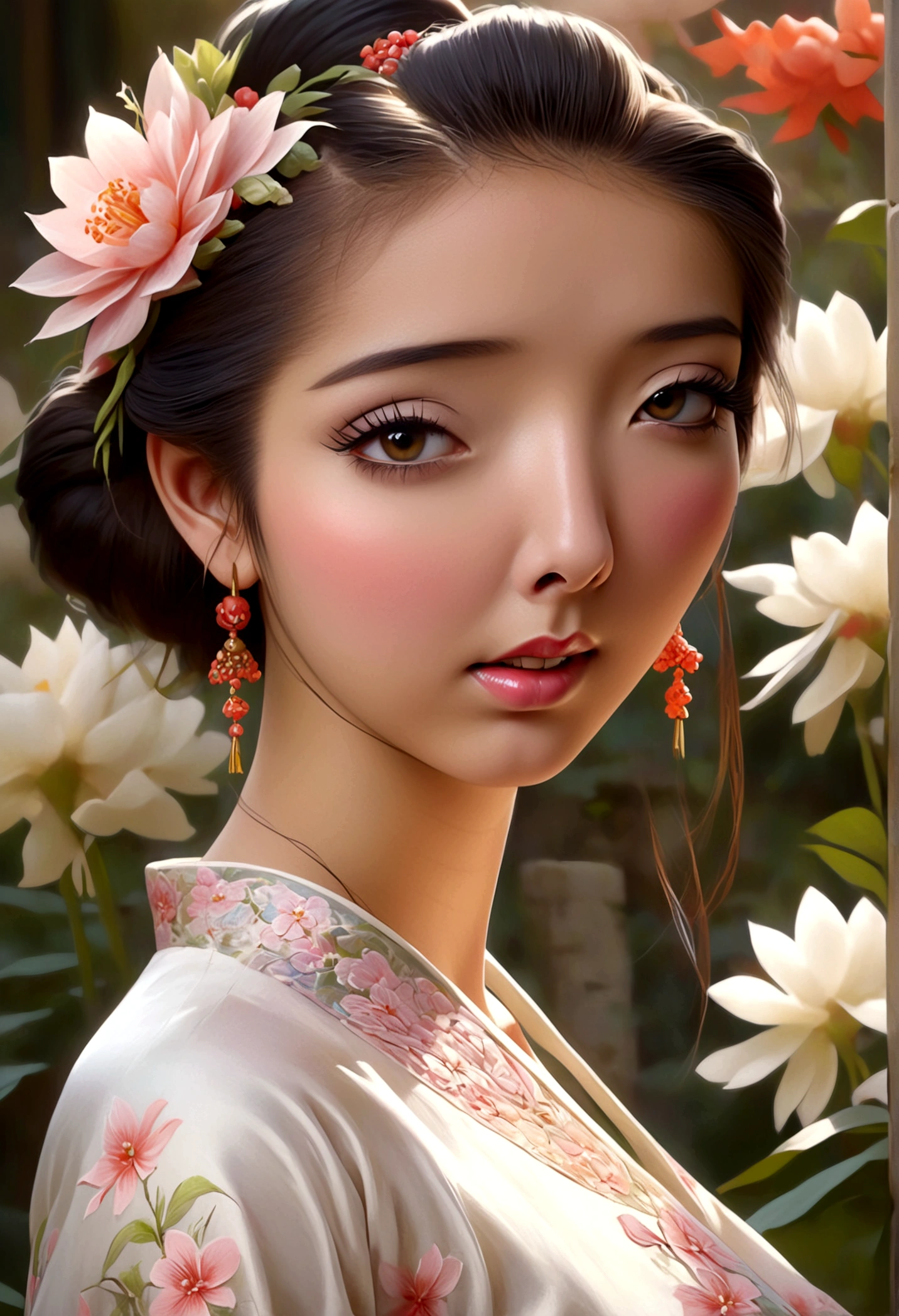 a cute woman, ornate asian dress, split up the thighs, powder white body make up, asian style face makeup, aloof, checking her flower garden, detailed eyes, detailed lips, extremely detailed face, long eyelashes, 1girl, digital illustration, oil painting, 8k, high quality, hyper detailed, photorealistic, studio lighting, physically based rendering, vivid colors, vibrant colors, elegant, refined, graceful, serene, tranquil, peaceful, portrait, asian inspired