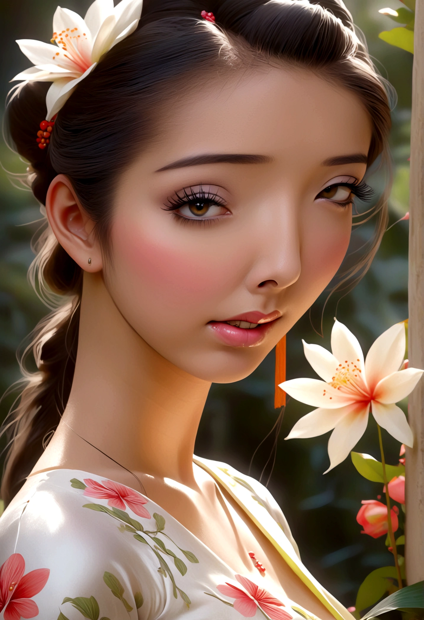 a cute woman, ornate asian dress, split up the thighs, powder white body make up, asian style face makeup, aloof, checking her flower garden, detailed eyes, detailed lips, extremely detailed face, long eyelashes, 1girl, digital illustration, oil painting, 8k, high quality, hyper detailed, photorealistic, studio lighting, physically based rendering, vivid colors, vibrant colors, elegant, refined, graceful, serene, tranquil, peaceful, portrait, asian inspired
