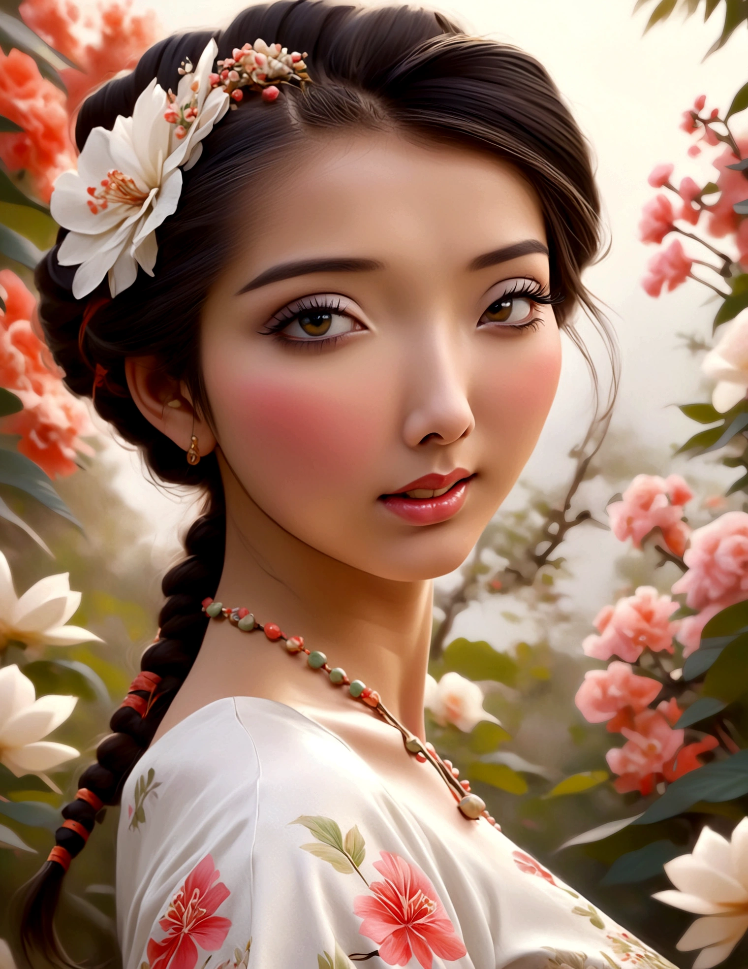 a cute woman, ornate asian dress, split up the thighs, powder white body make up, asian style face makeup, aloof, checking her flower garden, detailed eyes, detailed lips, extremely detailed face, long eyelashes, 1girl, digital illustration, oil painting, 8k, high quality, hyper detailed, photorealistic, studio lighting, physically based rendering, vivid colors, vibrant colors, elegant, refined, graceful, serene, tranquil, peaceful, portrait, asian inspired