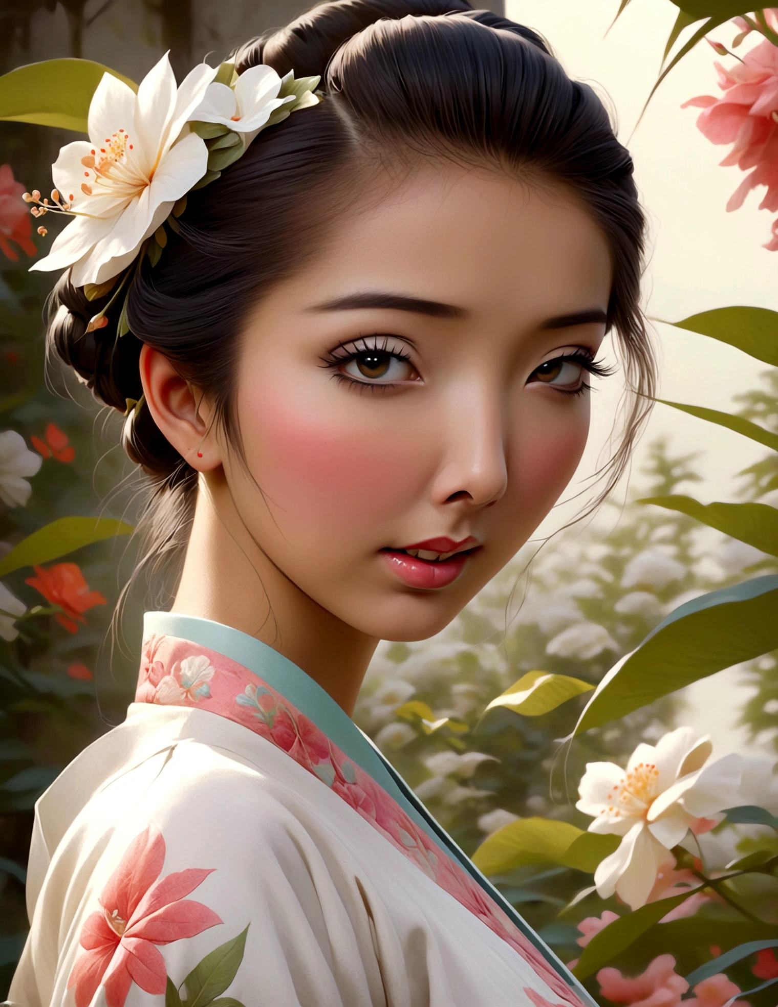 a cute woman, ornate asian dress, split up the thighs, powder white body make up, asian style face makeup, aloof, checking her flower garden, detailed eyes, detailed lips, extremely detailed face, long eyelashes, 1girl, digital illustration, oil painting, 8k, high quality, hyper detailed, photorealistic, studio lighting, physically based rendering, vivid colors, vibrant colors, elegant, refined, graceful, serene, tranquil, peaceful, portrait, asian inspired
