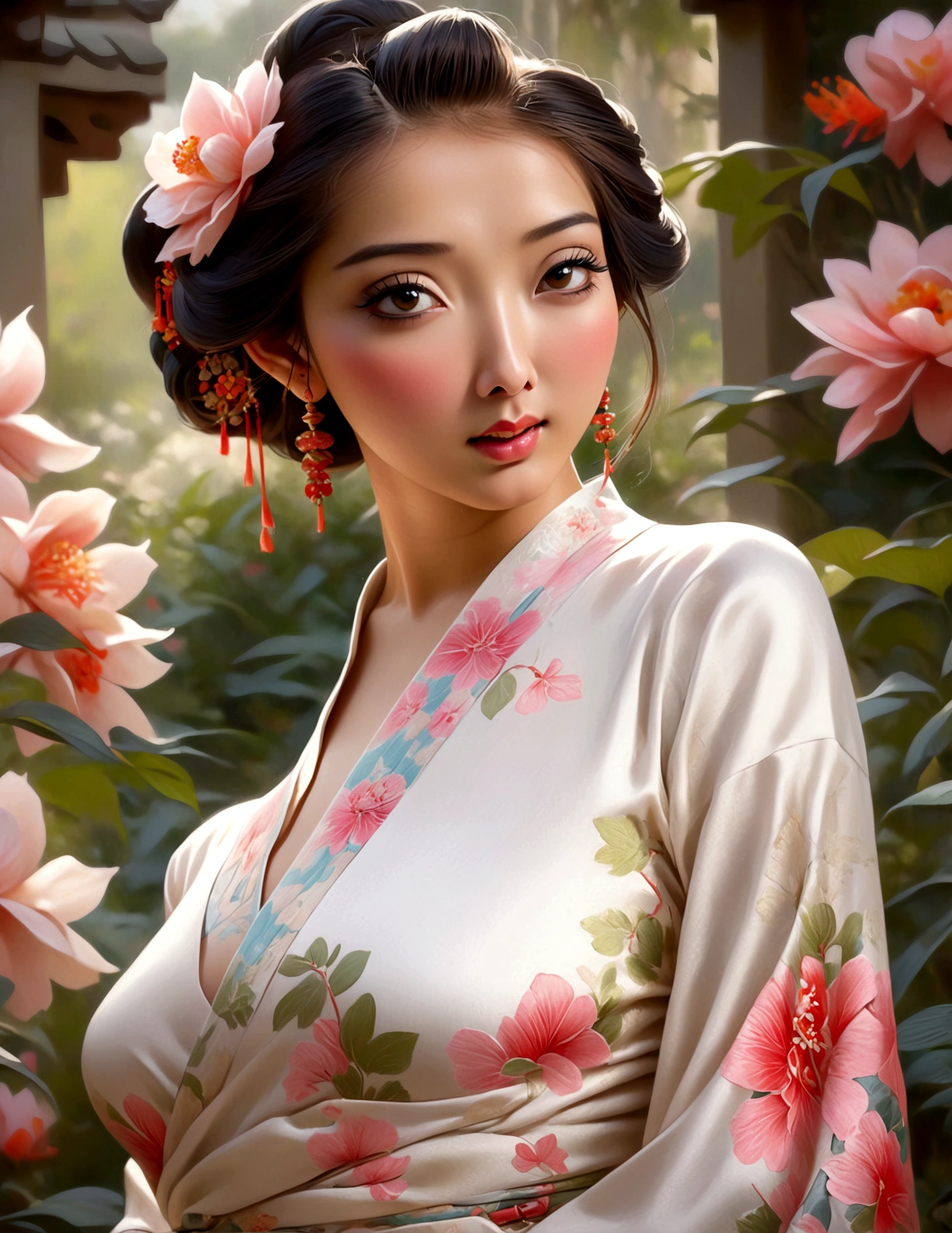 a cute woman, ornate asian dress, split up the thighs, powder white body make up, asian style face makeup, aloof, checking her flower garden, detailed eyes, detailed lips, extremely detailed face, long eyelashes, 1girl, digital illustration, oil painting, 8k, high quality, hyper detailed, photorealistic, studio lighting, physically based rendering, vivid colors, vibrant colors, elegant, refined, graceful, serene, tranquil, peaceful, portrait, asian inspired