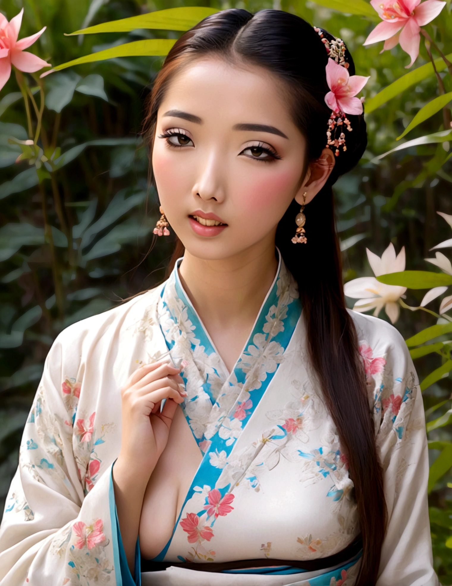 a cute woman, ornate asian dress, split up the thighs, powder white body make up, asian style face makeup, aloof, checking her flower garden, detailed eyes, detailed lips, extremely detailed face, long eyelashes, 1girl, digital illustration, oil painting, 8k, high quality, hyper detailed, photorealistic, studio lighting, physically based rendering, vivid colors, vibrant colors, elegant, refined, graceful, serene, tranquil, peaceful, portrait, asian inspired
