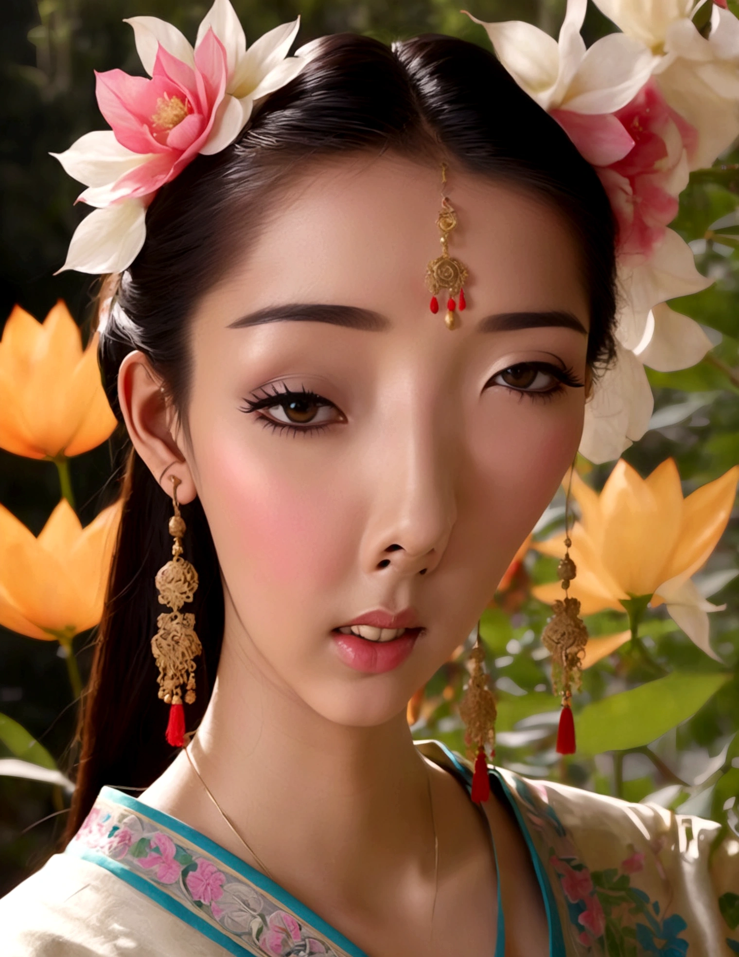 a cute woman, ornate asian dress, split up the thighs, powder white body make up, asian style face makeup, aloof, checking her flower garden, detailed eyes, detailed lips, extremely detailed face, long eyelashes, 1girl, digital illustration, oil painting, 8k, high quality, hyper detailed, photorealistic, studio lighting, physically based rendering, vivid colors, vibrant colors, elegant, refined, graceful, serene, tranquil, peaceful, portrait, asian inspired
