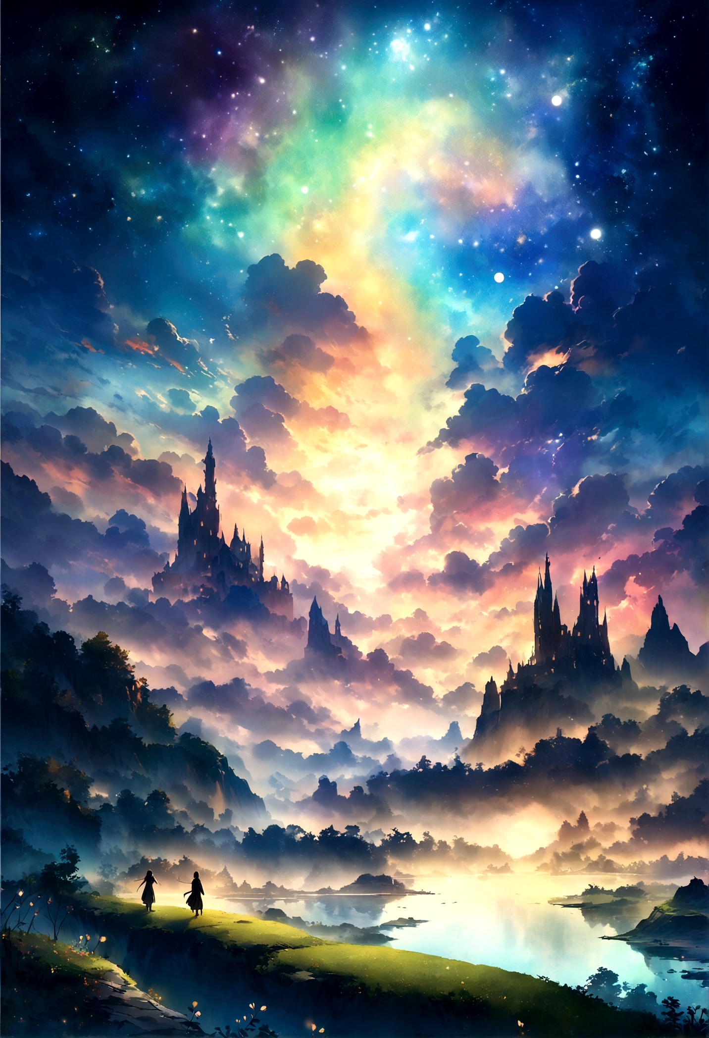 Paintings of 2022 (Porsche Cayenne), On the banks of the river with stars and moon in the sky, Concept art inspired by Mitsuoki Tosa, pixiv Contest Winner, Highest quality, Fantasy art, Beautiful anime scene, Bright Moon, 月明かりとStarry Skyの環境, Dream painting, Anime Background Art, Fantasy Landscape Painting, Fantasy Night, Anime Background, Background artwork, Great art, Atmospheric anime, Starry Sky, Detail enhancements.