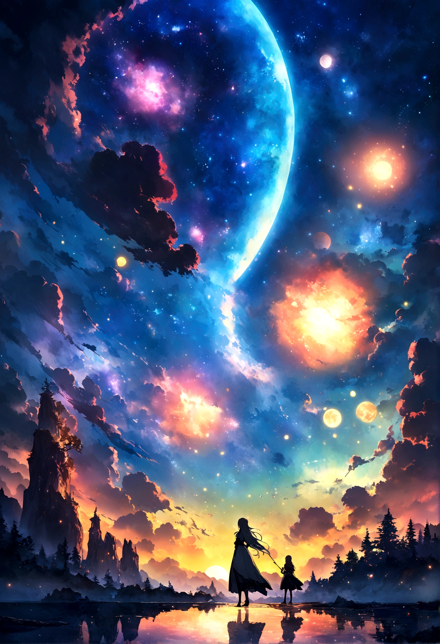 Paintings of 2022 (Porsche Cayenne), On the banks of the river with stars and moon in the sky, Concept art inspired by Mitsuoki Tosa, pixiv Contest Winner, Highest quality, Fantasy art, Beautiful anime scene, Bright Moon, 月明かりとStarry Skyの環境, Dream painting, Anime Background Art, Fantasy Landscape Painting, Fantasy Night, Anime Background, Background artwork, Great art, Atmospheric anime, Starry Sky, Detail enhancements.