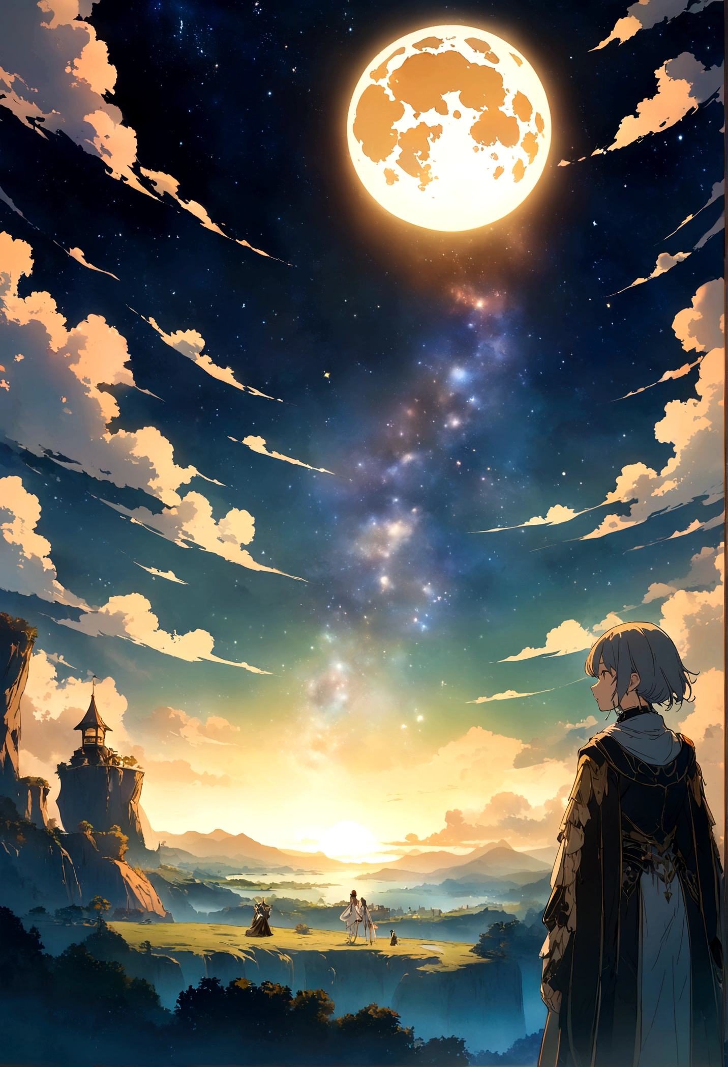 Paintings of 2022 (Porsche Cayenne), On the banks of the river with stars and moon in the sky, Concept art inspired by Mitsuoki Tosa, pixiv Contest Winner, Highest quality, Fantasy art, Beautiful anime scene, Bright Moon, 月明かりとStarry Skyの環境, Dream painting, Anime Background Art, Fantasy Landscape Painting, Fantasy Night, Anime Background, Background artwork, Great art, Atmospheric anime, Starry Sky, Detail enhancements.