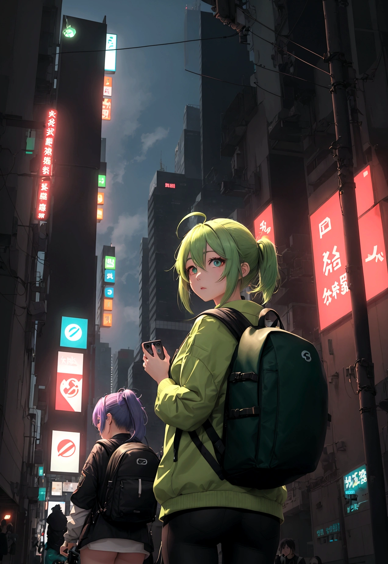 The story takes place in the future of Shinjuku.、The girl with green gradient hair is carrying a backpack、The backpack is running on a PC and the light is on.、The girl&#39;s eyes are electronic and wires are connected from her temples to the PC.、She&#39;s running through the city,