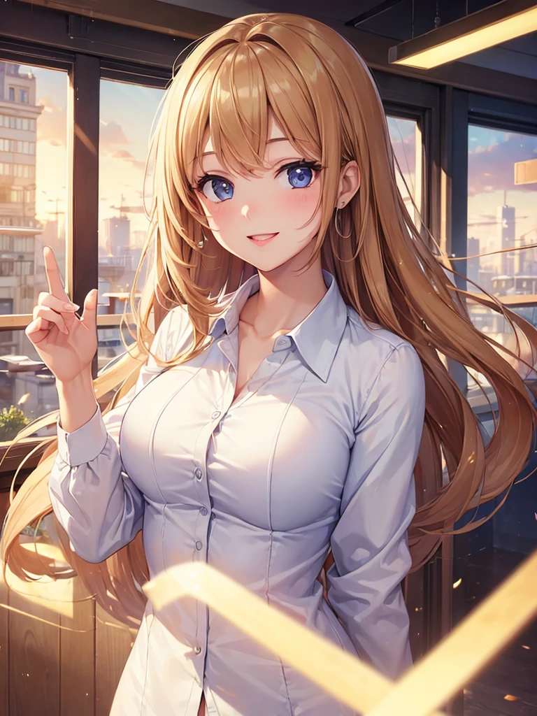 (masterpiece:1.5),(Beat quality),(high res),1girl solo,beautiful face,smile(shining eyes),upper body,light effects,Office Lady,station