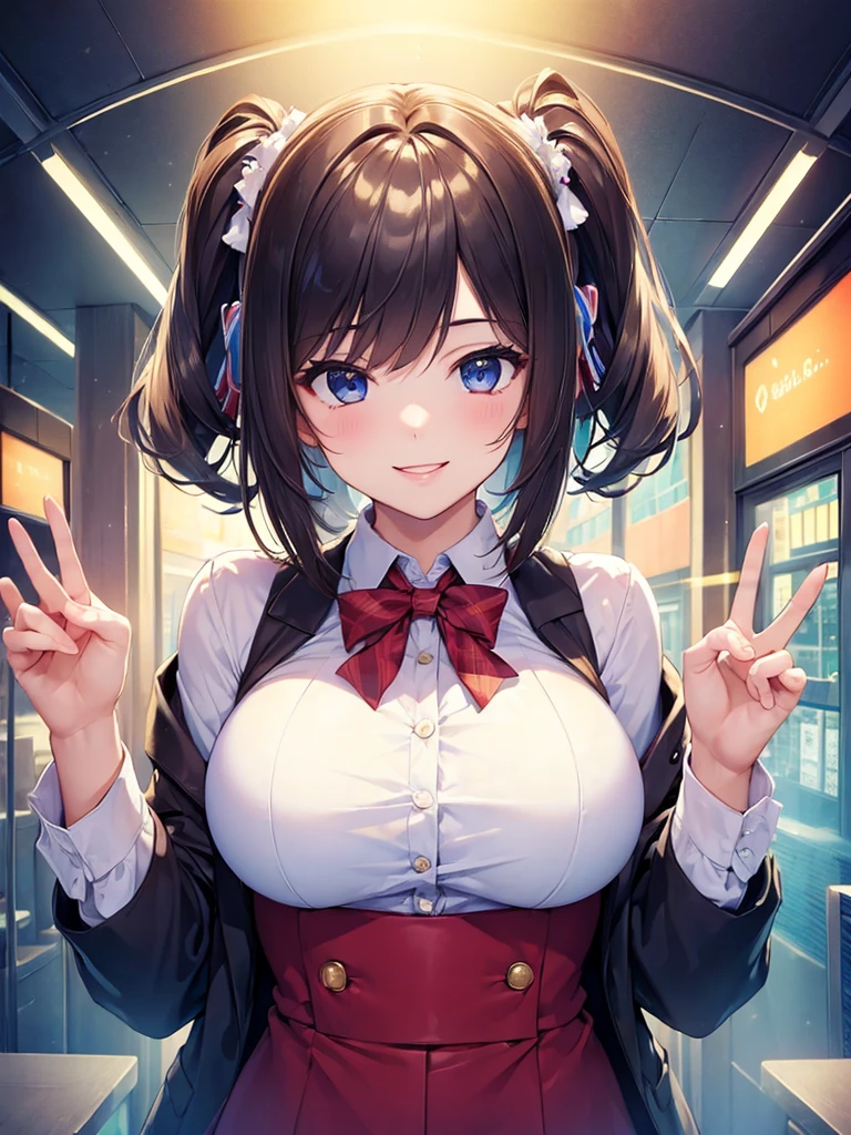 (masterpiece:1.5),(Beat quality),(high res),1girl solo,beautiful face,smile(shining eyes),upper body,light effects,Office Lady,station