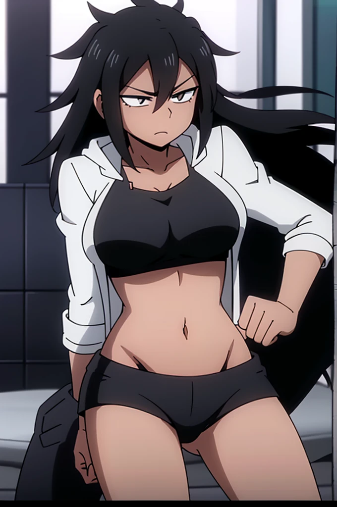 long messy hair, black hair (masterpiece), best quality perfect face beautiful girl, feminine, defined curves, cinematic, aesthetic, shadows, gorgeous, amazing, 1girl, dark skin, best quality, expressive eyes, (black eyes:1.3) ringed eyes, crop top, midriff, white hoodie, thick sleeves, black short shorts, in bedroom